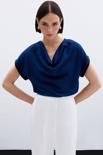 Sateen Shirt with Stone Detail Casual Blouse - Navy Blue