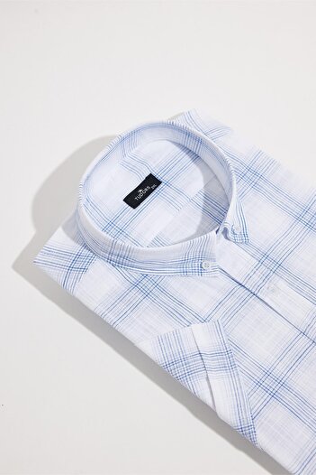 Tudors Men's Plus Size Lapel Button Checked Linen Effect Short Sleeve Shirt