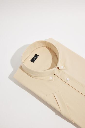 Tudors Men's Plus Size Short Sleeve Lapel Button Cotton Pocket Plain Beige Shirt