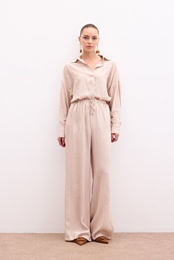 Sateen Elastic Waist Trousers - Beige