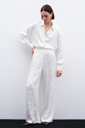 Sateen Jacquard Satin Trousers - Ecru