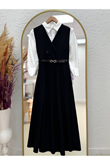Mihra Aden Button Λεπτομερής Ζώνη Πανί Πόδι Gilet-ML2075 Μαύρο