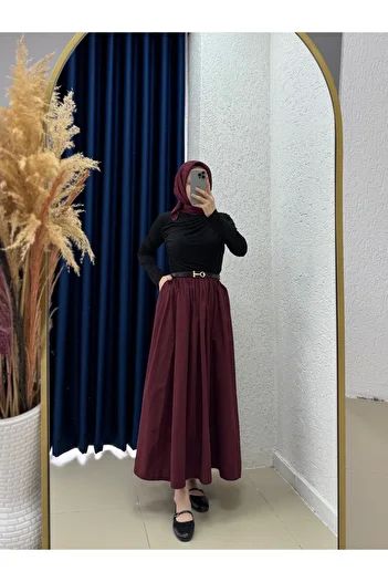 MİHRA STORE Erna Belted Poplin Skirt-Bn4362 Burgundy