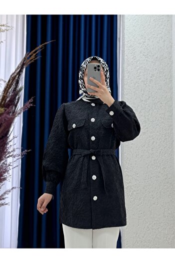 MİHRA STORE Rosa Ανάγλυφο Μπουφάν με μοτίβο λουλουδιών-EU2306 Μαύρο