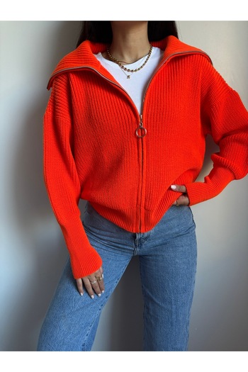 Nopen Knitwear Orange Turn-Down Collar Zippered Knitwear Cardigan