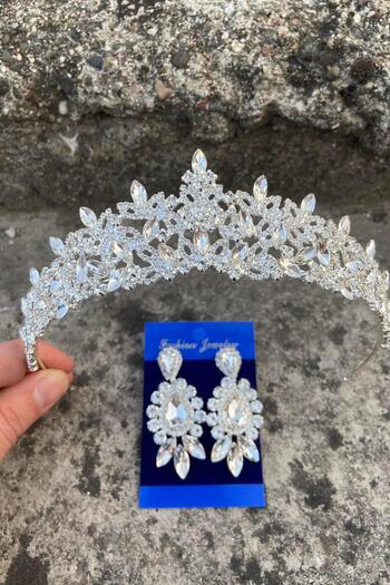 Hobigram Clara Silver Bridal Henna Crown Special Occasion Accessory Women's Crown and Three Shuttle Earrings Set