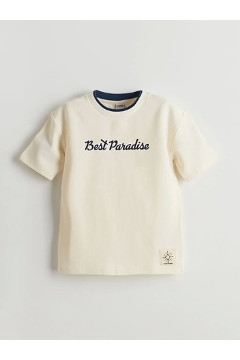 LC Waikiki Lcw Kids Ecru Crew Neck Embroidered Ottoman Piping Boys' T-Shirt