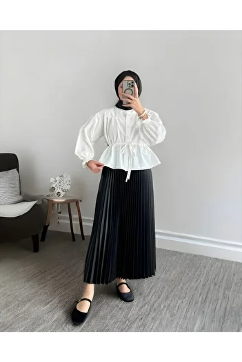 MODA Waist Gathered Shirt Pleated Skirt Set