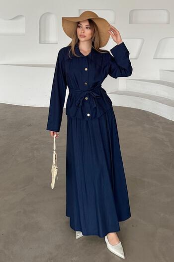 Olcay Sash Detailed Skirt Jacket Suit Dark Blue 9348-Tk