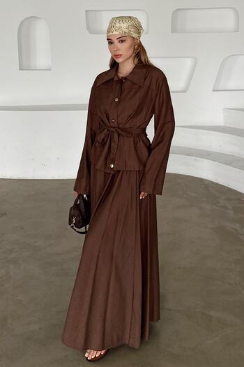 Olcay Sash Detailed Skirt Jacket Suit Brown 9348-Tk