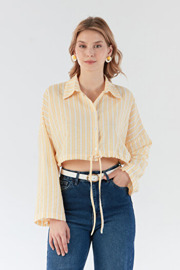 Fulla Moda Çizgili Önü Bağlamalı Crop Gömlek
