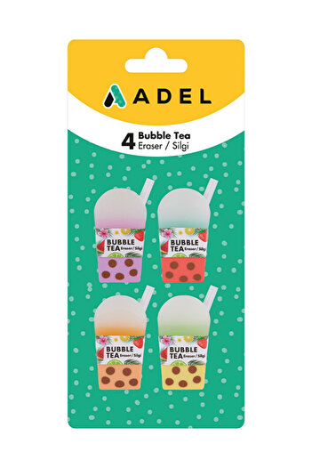 Adel Bubble Tea Eraser Set of 4, No Dust, No Fragments, Fun Design, Blister Packaging