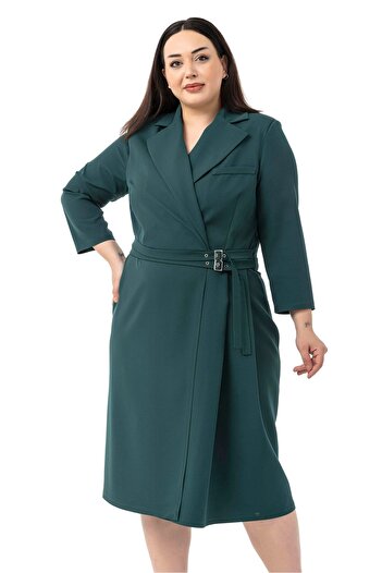 DISENTIS MODEST Plus Size Double Breasted Collar Three Quarter Sleeve Pleated Midi Emerald Green Dress