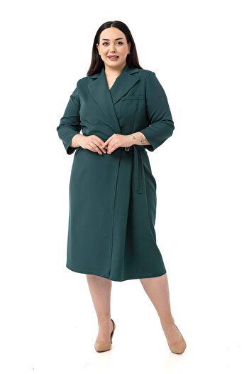 DISENTIS MODEST Plus Size Double Breasted Collar Three Quarter Sleeve Pleated Midi Emerald Green Dress