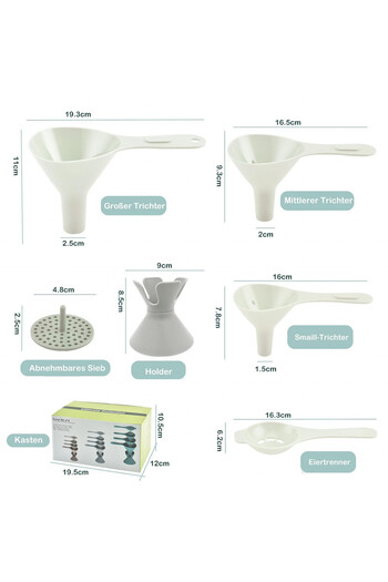 SORICO Funnel Set with Removable Filter and Egg Separator, Plastic, White, 5 Pieces