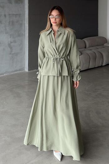 Olcay Gathered Detailed Skirt Jacket Modal Suit Light Green 9347-Tk