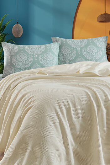 Eponj Home Fitted Sheet Pique Set Double 100% Cotton 4 Piece Post Patterned Cream – Weave Series