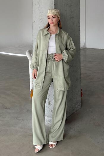 Olcay Zipper Detailed Double Liyosell Suit Light Green 9349-Tk
