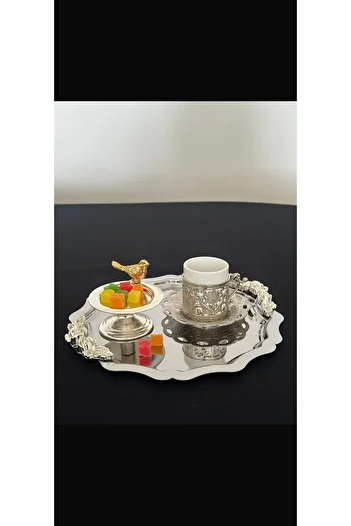 Elzemm store 1 Pcs Steel Round Wavy Silver Handle Service and Presentation Tray