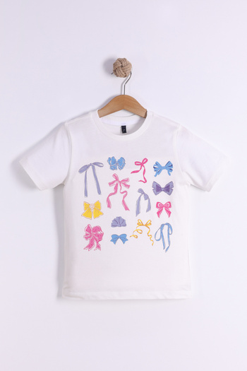 Pollito Girl's Ribbon Printed 100% Cotton T-Shirt