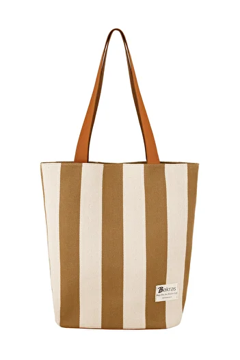 Bakras Beige Striped Canvas Shoulder Bag