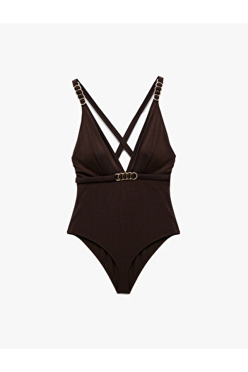 Koton Deep V Neck Swimsuit with Accessories and Cross Back Straps