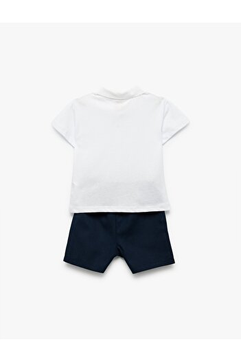 Koton Cotton Short Sleeve Polo Neck T-Shirt and Waist Lace-Up Shorts Set