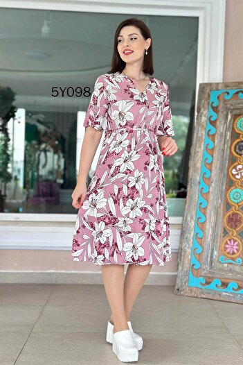 İnce Topuk V-Neck Button Detail Viscose Dress 5Y098