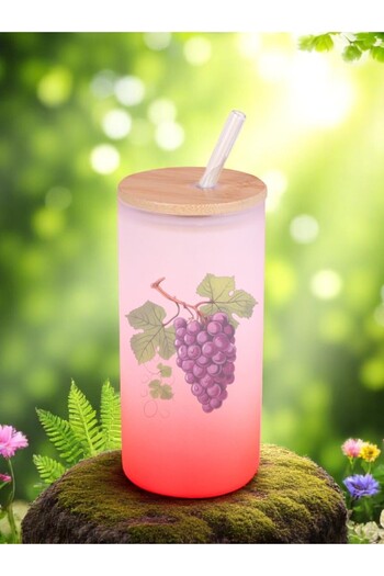 lili hediyelik Grape Printed Glass Water Bottle with Straw 600 ml - Water Bottle Water Bottle Water Bottle