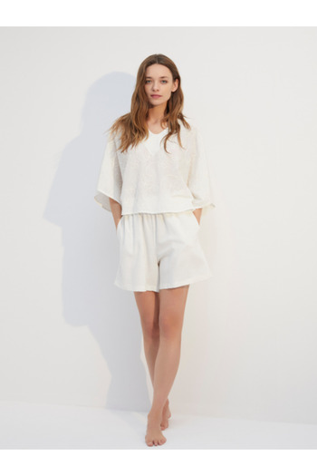 BONJOUR MADAME Linen Embroidered Blouse Shorts Nightdress Set Set of 2 Bjm-1724 Cream