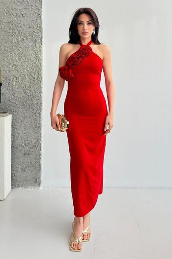 Serica Moda Red Rose Detailed Tie-Up Dress