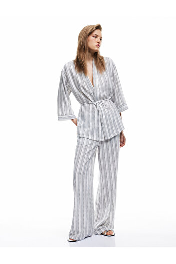 Koton Linen Look Waist Tied Pocket Striped Palazzo Trousers