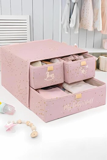 Flora 3 Bölmeli Baby Çekmece, Yenidoğan Bebek Kıyafet Çamaşır Patik Bez Düzenleyici Kutu Pembe