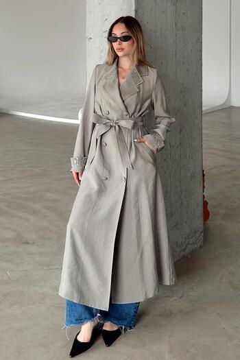 Olcay Unlined Cap with Stone Cloth on Collar and Sleeve Mouth Gray 6743