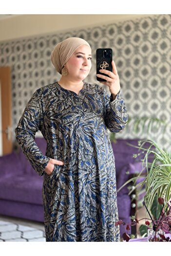 TDYtrendy Giyim Women's Mother Judge Collar Large Size Pocket Patterned Dress