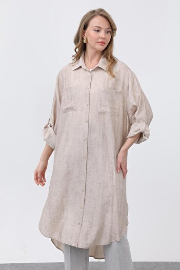 Puane Women's Long Tunic with Front Pocket Detail and Robe Back - 10639Tun - Beige