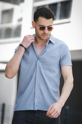 Oksit Theo Slim Fit Flexible Lycra Short Sleeve Standing Collar Men's Shirt