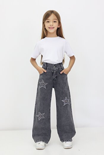 CMC Kız Çocuk Kot Likrasız Boru Paça Yıldız Desenli Bel Lastikli %100 Pamuk Yıldızlı Denim