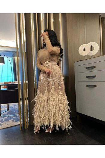 ALANOOD FASHION Elegant evening dress with tulle sleeves and luxurious embroidery and feathers