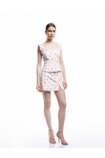 Koton Standard Waist Cotton Slit Detail A-Line Poplin Floral Mini Skirt