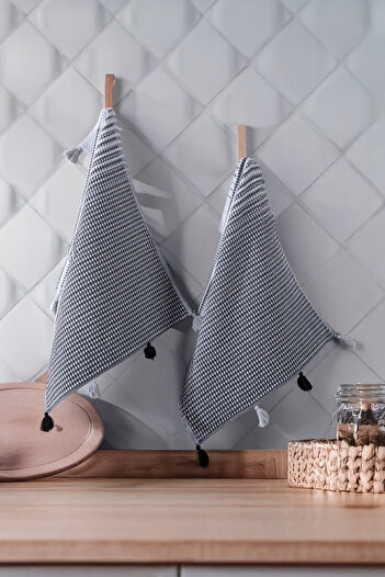 Akaystore Velona 2-х частинні кухонні рушники з помпонами 40 x 60 см Сушильна тканина 100% бавовна
