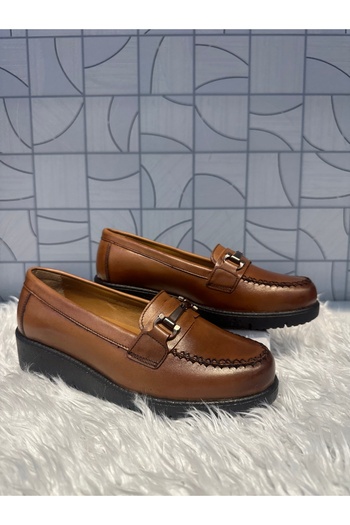 Anıl Ayakkabı Napa 092 Women's Tan Genuine Leather Comford Buckle Detail Wedge Heel Daily Orthopedic Casual Shoes