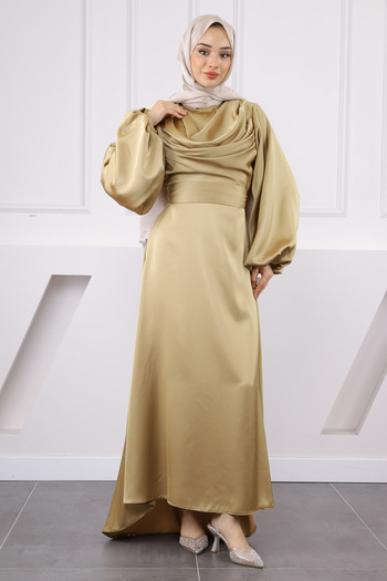 İmajButik Oil Green Balloon Sleeve Satin Evening Dress