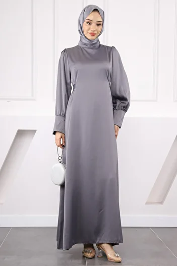 İmajButik Gray Satin Evening Dress with Cufflinks and Belt at Waist