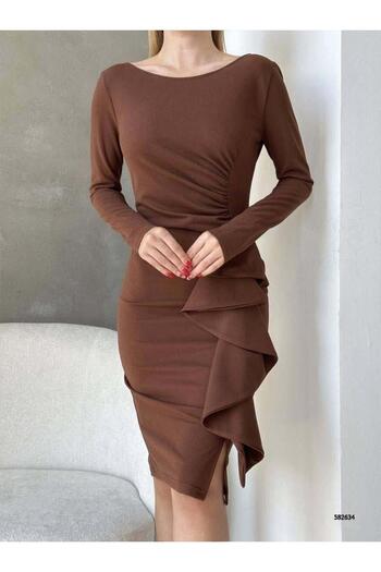 Modafeminen Crew Neck Long Sleeve Flywheel Detail Imported Crepe Fabric Dress 582634 Brown