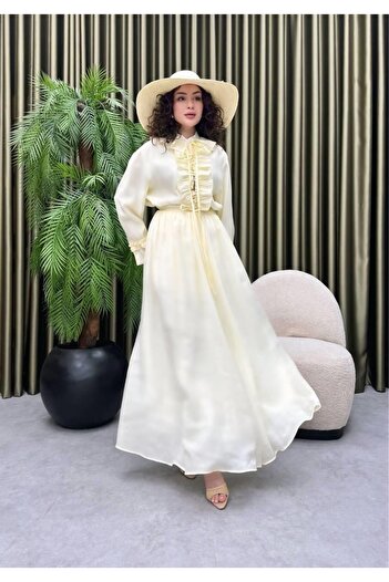 Cardella Women's Double Design Voile Suit, Collar Ruffle Detail Suit, Shirt Skirt Double Suit