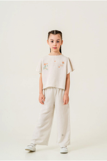 Marka Sensin Kids Cichlid Girl's Linen Custom Floral Printed T-Shirt Linen Wide Leg Pants 2-Piece Set