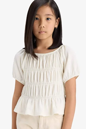 DeFacto Girls' Relax Fit Crew Neck Wrap Short Sleeve Blouse C2209A825Hs