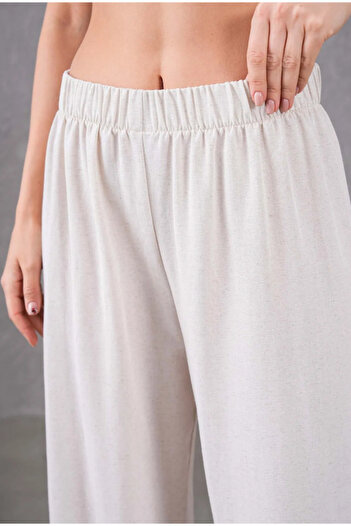 Elçelya Moda Women's Ecru Linen Elastic Waist Comfortable Wide Leg Pants