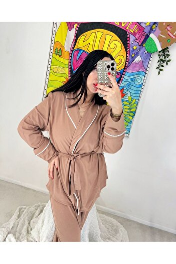 ByGamzeArman Kahverengi bağlamalı Biye Detaylı Kruvaze penye pamuk kumaş Hamile Pijama Takımı